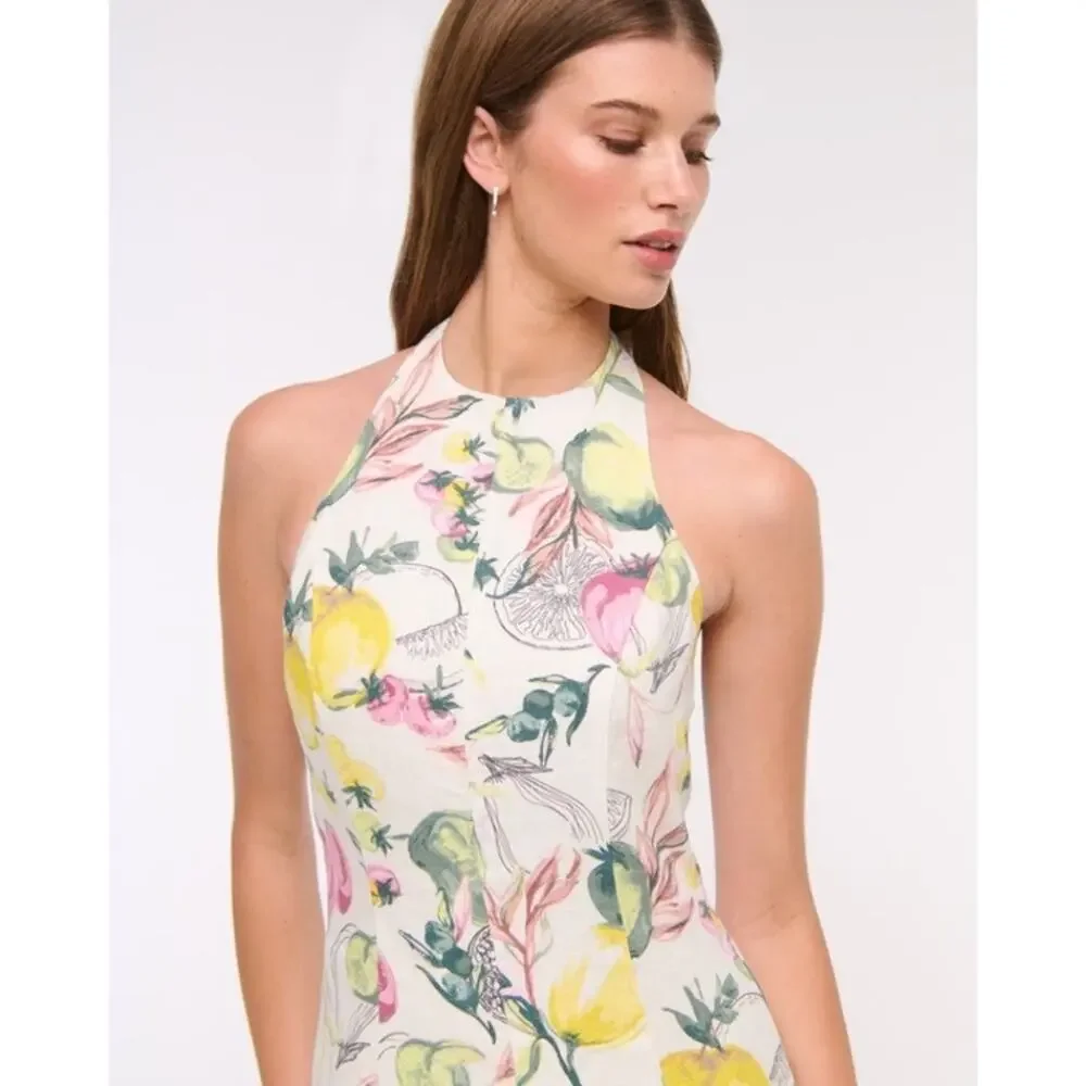 Abercrombie & Fitch Premium Linen High Neck Maxi Dress Size LP Vegetable Print
